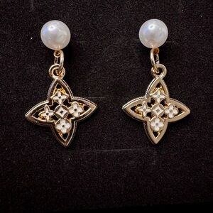 Louis Vuitton Gold-Tone Floral Quatrefoil Drop Earrings with Pearl Studs